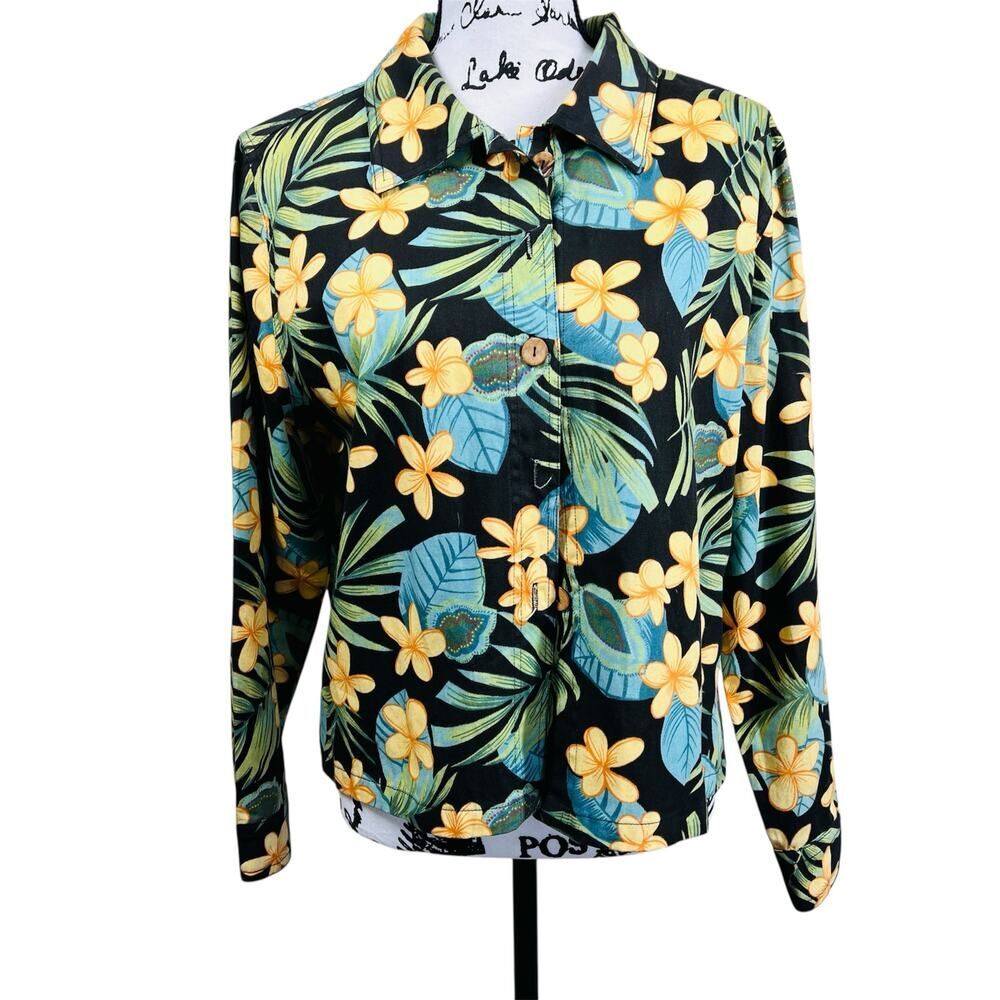 Jane Ashley Womens Button Front Shirt Jacket Medium Floral Hawaiian Boho size L